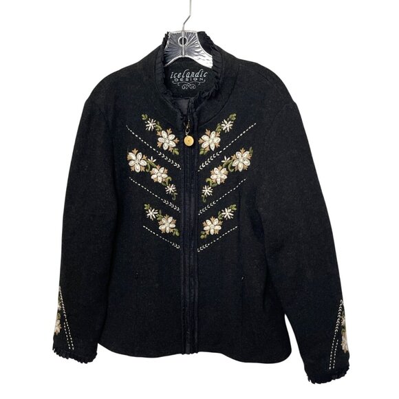 Icelandic Women's Wool Gray Jacket Floral Embroidery Zipper Closure Size XL - Picture 10 of 10